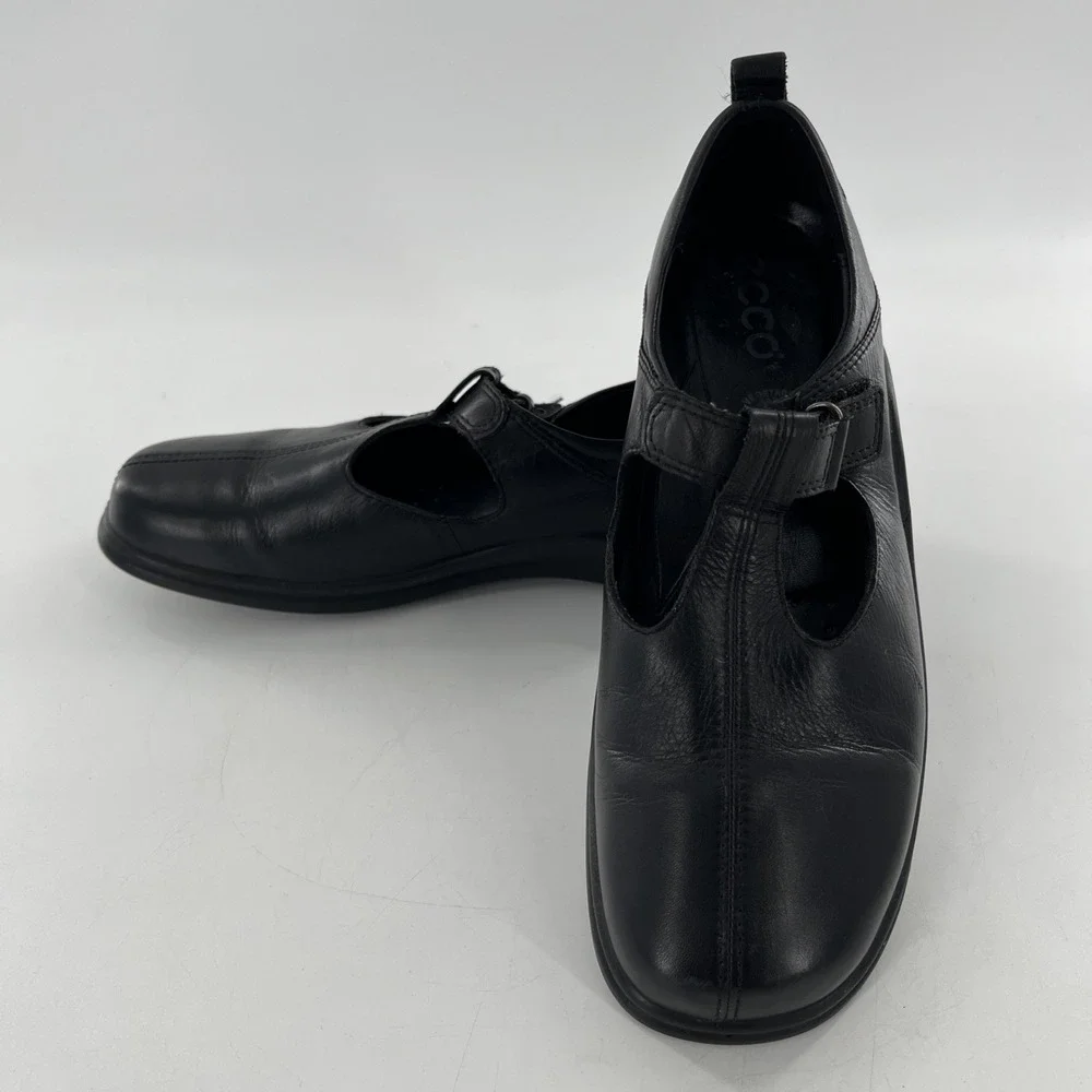 ECCO Light Mary Jane Womens Flat Black Hook Loop Shock Point EU 39 US 8‎ T-Strap